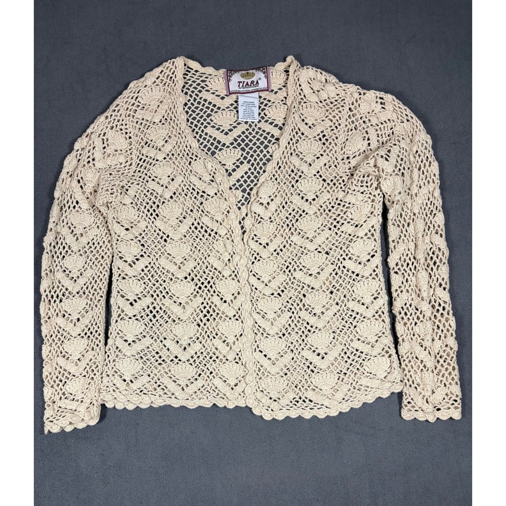 Tiara International Cardigan Sweater Womens Large Beige Crochet Open Knit V-Neck